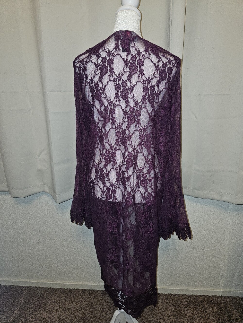 Modcloth Polly Esther Duster Lace Kimono Cover-Up Maroon Fairy Bell Sleeves - Picture 3 of 7